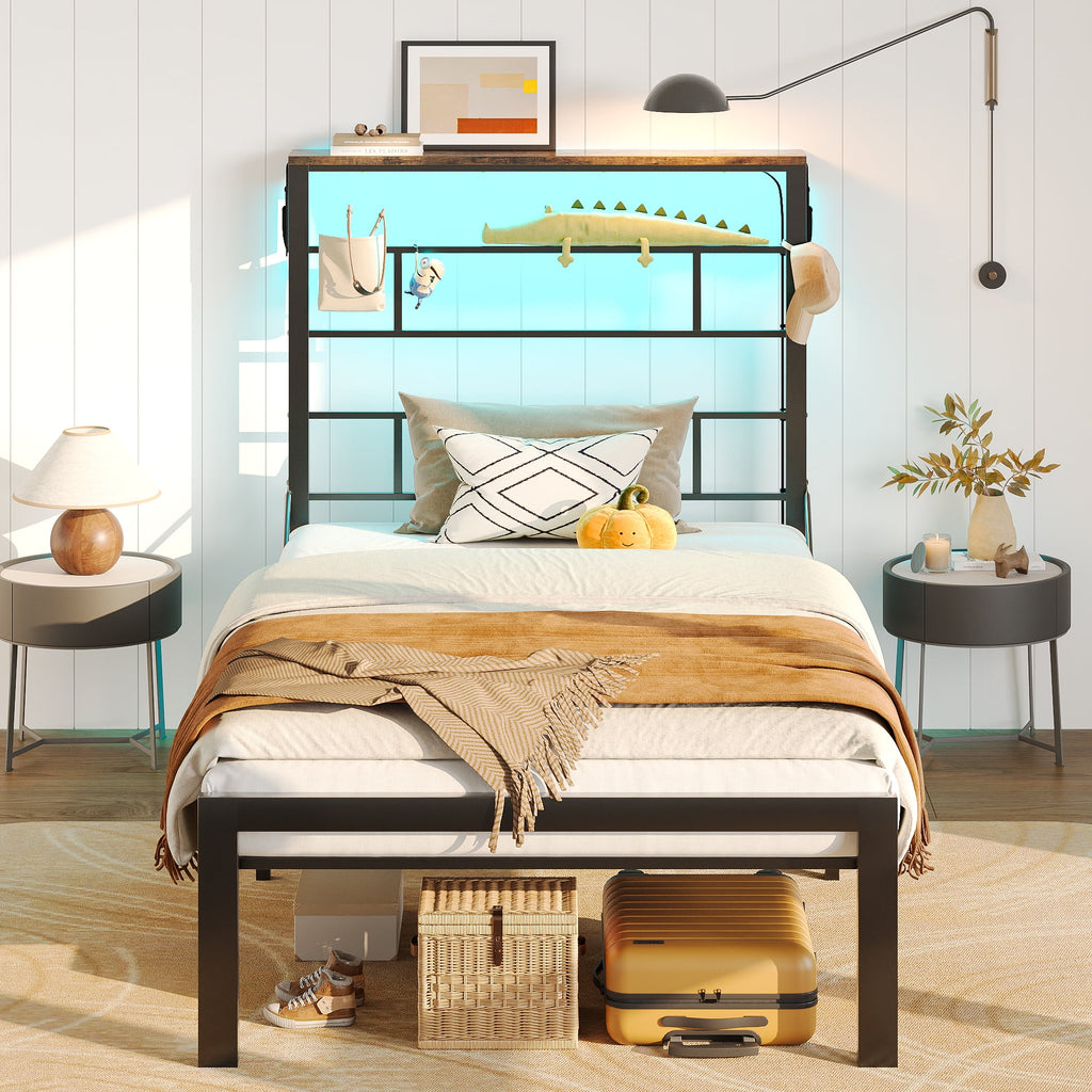 Queen Size Black Metal Platform Bed Frame with Storage Headboard U8625