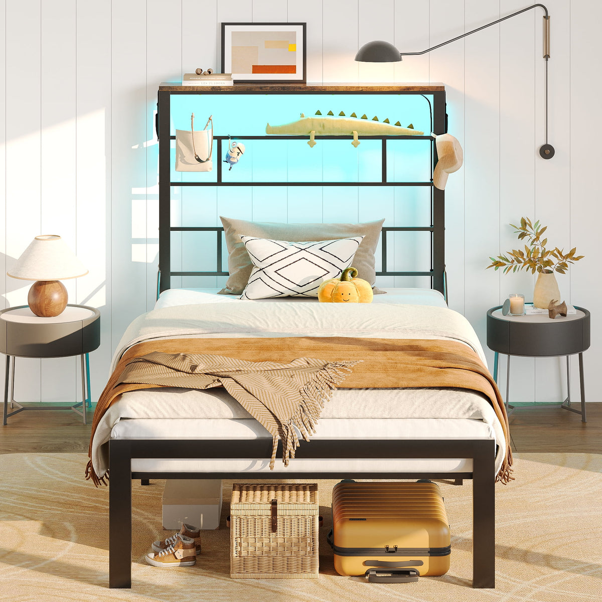 Queen Size Black Metal Platform Bed Frame with Storage Headboard U8625