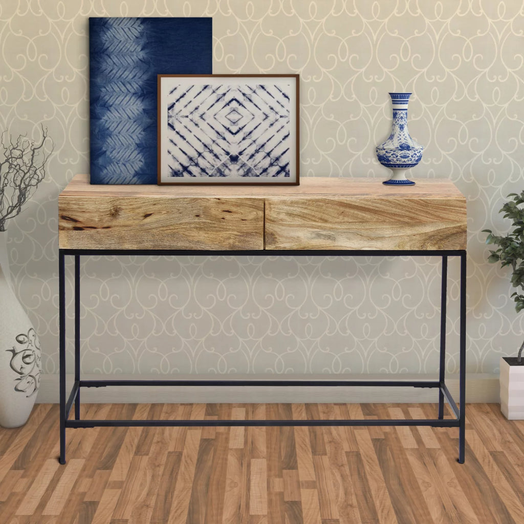 Brown Mango Wood and Metal Console Table with Two Drawers P89789