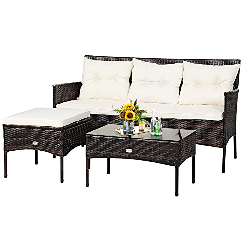 3 Pieces PE Rattan Wicker Patio Conversation Set with Cushions and Tempered Glass Coffee Table F84711