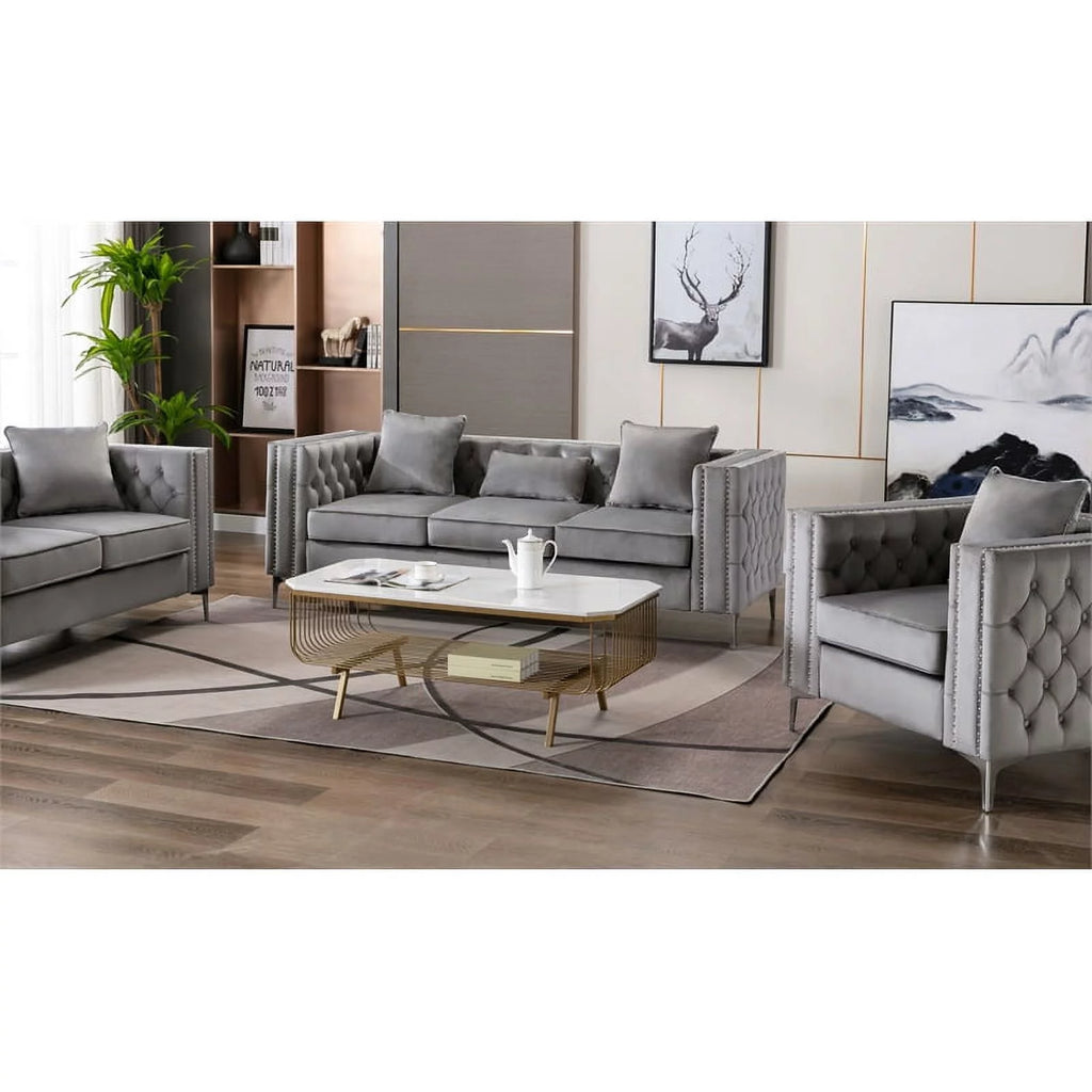 Velvet Sofa Set with Loveseat and Sofa in Gray F968
