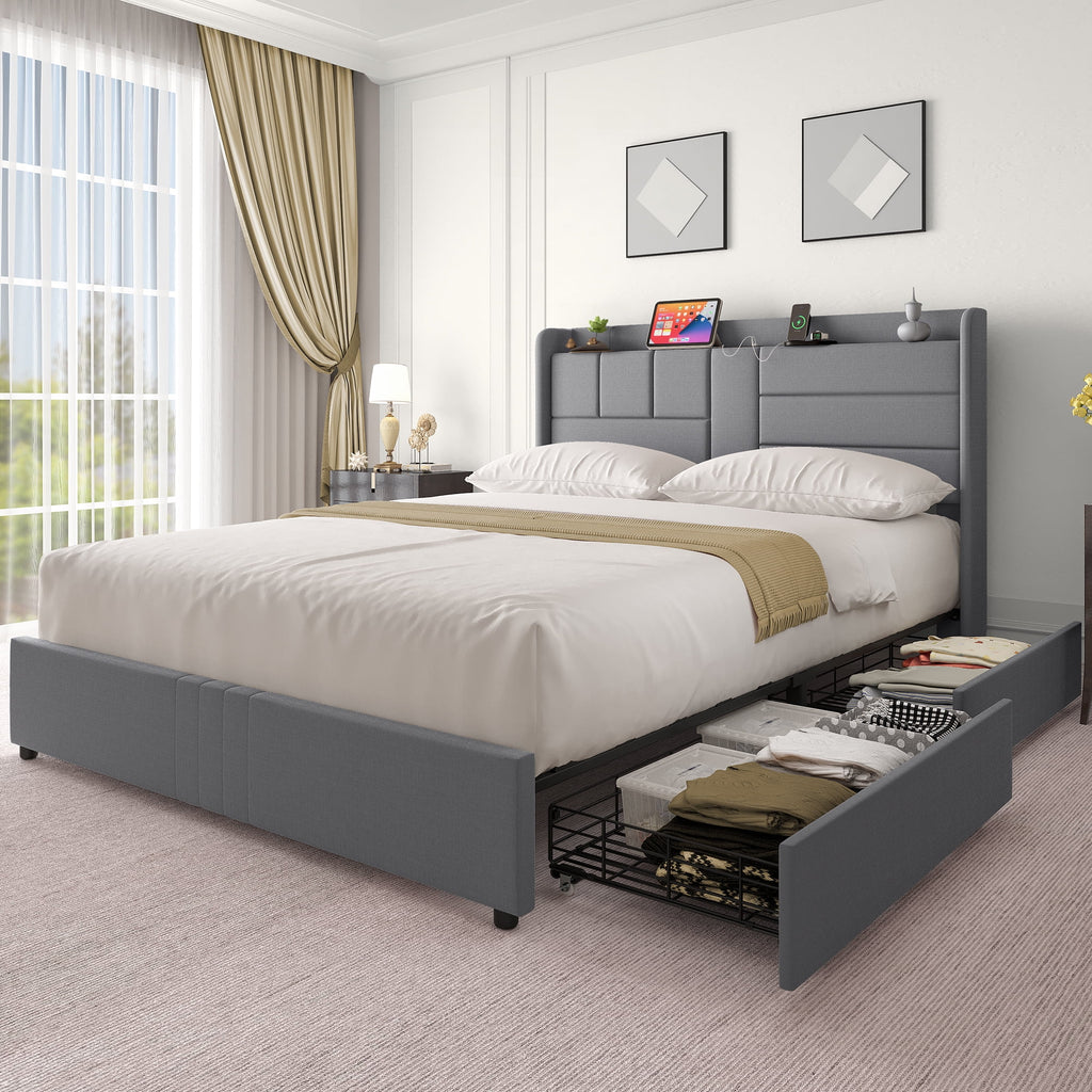 Queen Size Upholstered Platform Bed Frame with Storage Drawers E292
