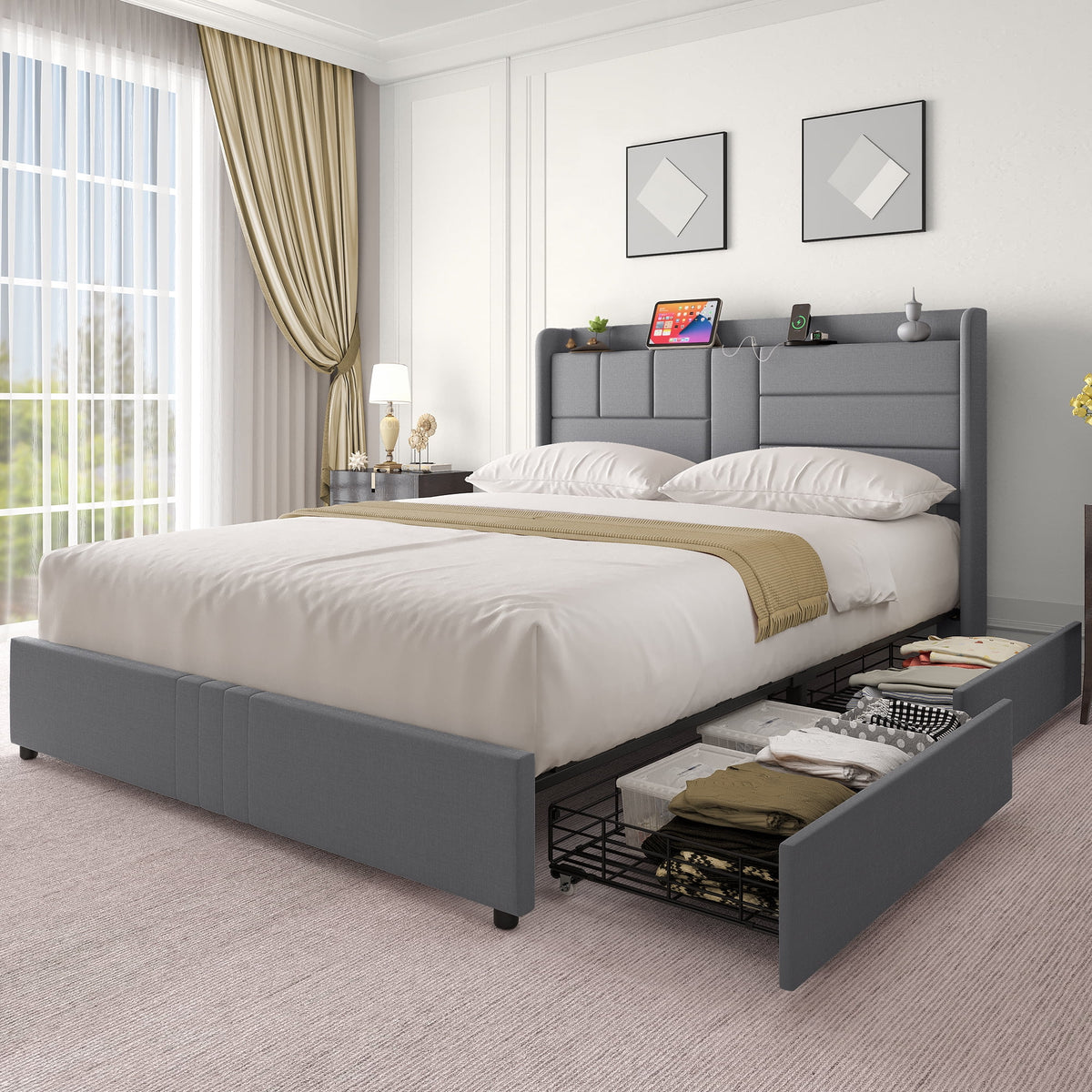 Queen Size Upholstered Platform Bed Frame with Storage Drawers E292