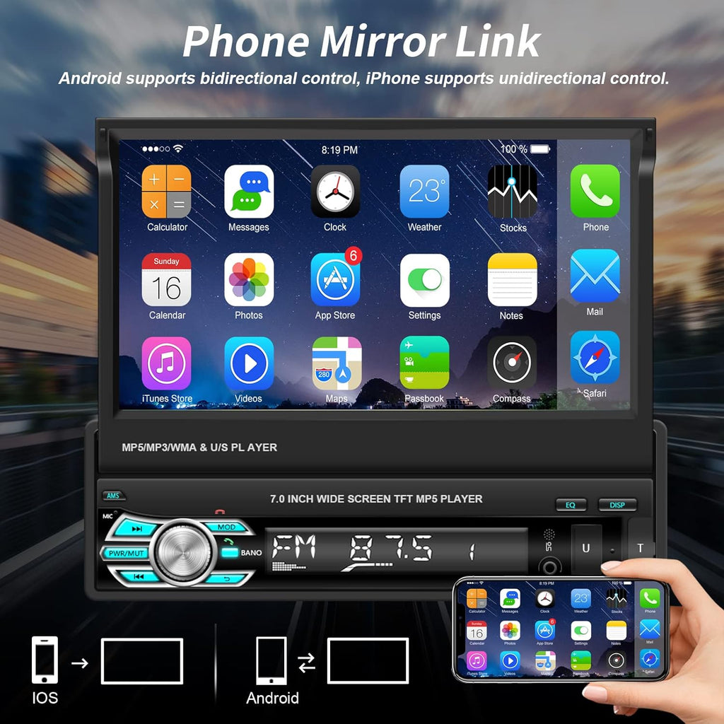 Single Din Car Stereo with Carplay Android Auto 7 Inch Touch Screen M888