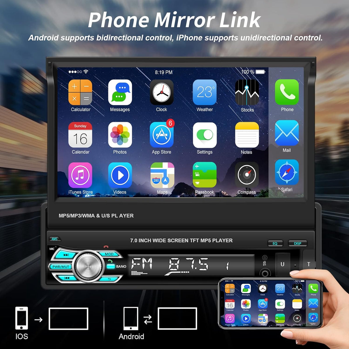 Single Din Car Stereo with Carplay Android Auto 7 Inch Touch Screen M888
