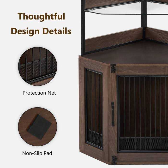 Corner Dog Crate Furniture with Glass Shelves Wooden Dog Kennel with Door Q7767