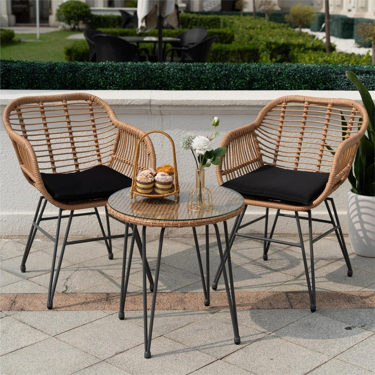 3 Piece Black PE Rattan Outdoor Wicker Bistro Set with Cushions S22100