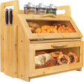 2 Layer Bamboo Wood Bread Box with Tool Holder Blocks and Window L5737