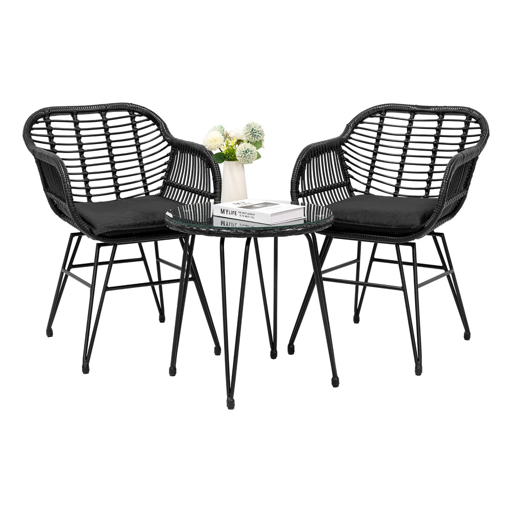 3 Piece Black PE Rattan Outdoor Wicker Bistro Set with Cushions S22100