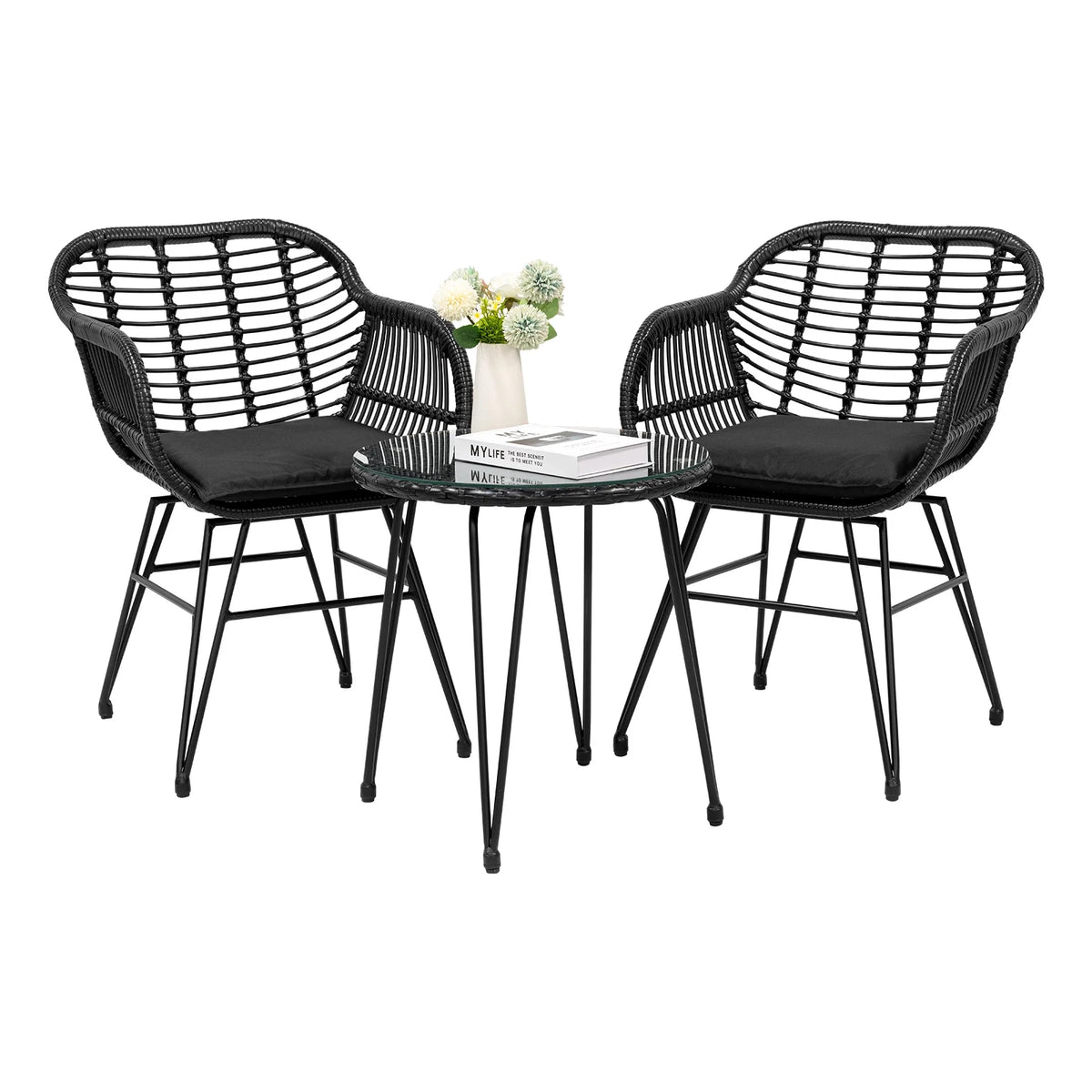 3 Piece Black PE Rattan Outdoor Wicker Bistro Set with Cushions S22100