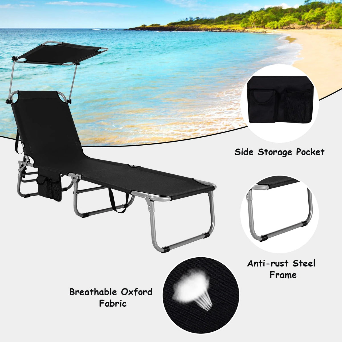 Beige Foldable Lounge Chair with Sun Shade H5471