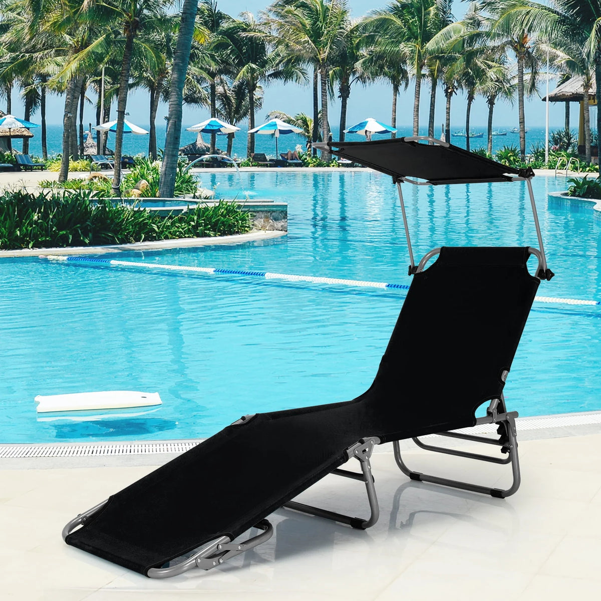 Beige Foldable Lounge Chair with Sun Shade H5471