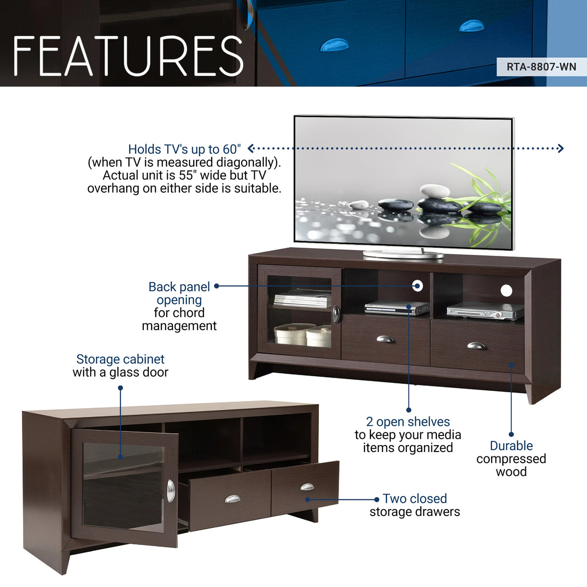 55" Modern TV Stand with Storage, Wenge Brown S8863