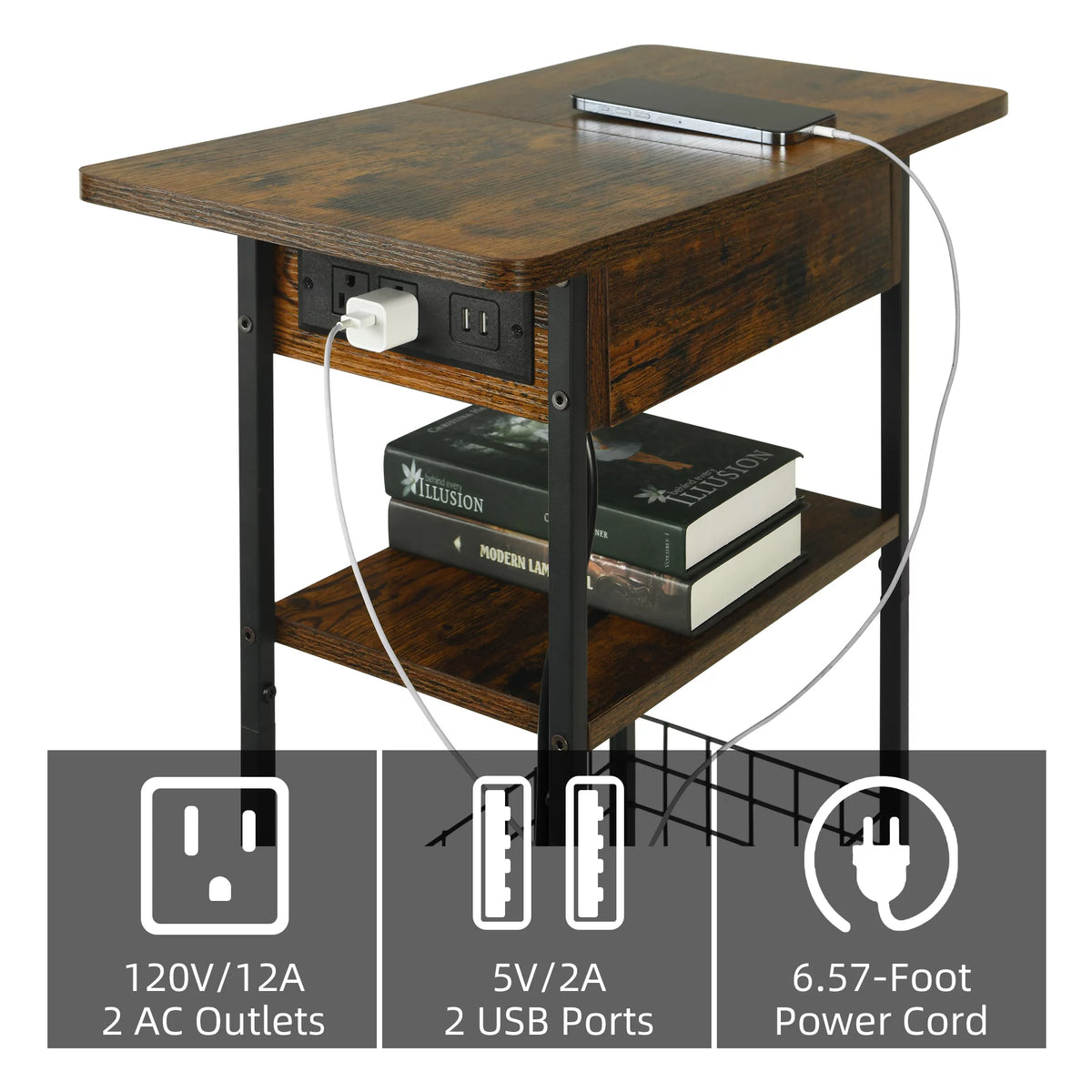 Rustic Brown 2 Pack End Table with Charging Station V152835
