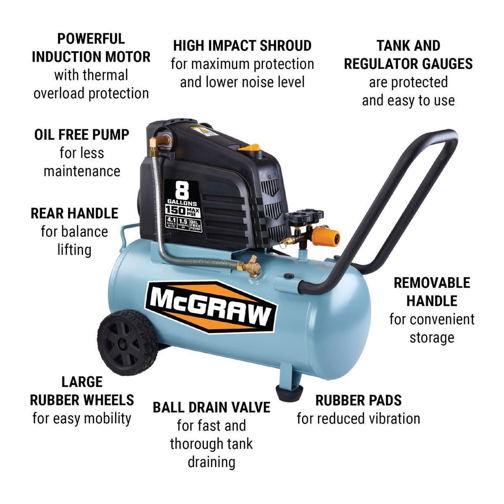 8 Gallon 150 PSI Oil-Free Air Compressor W1221