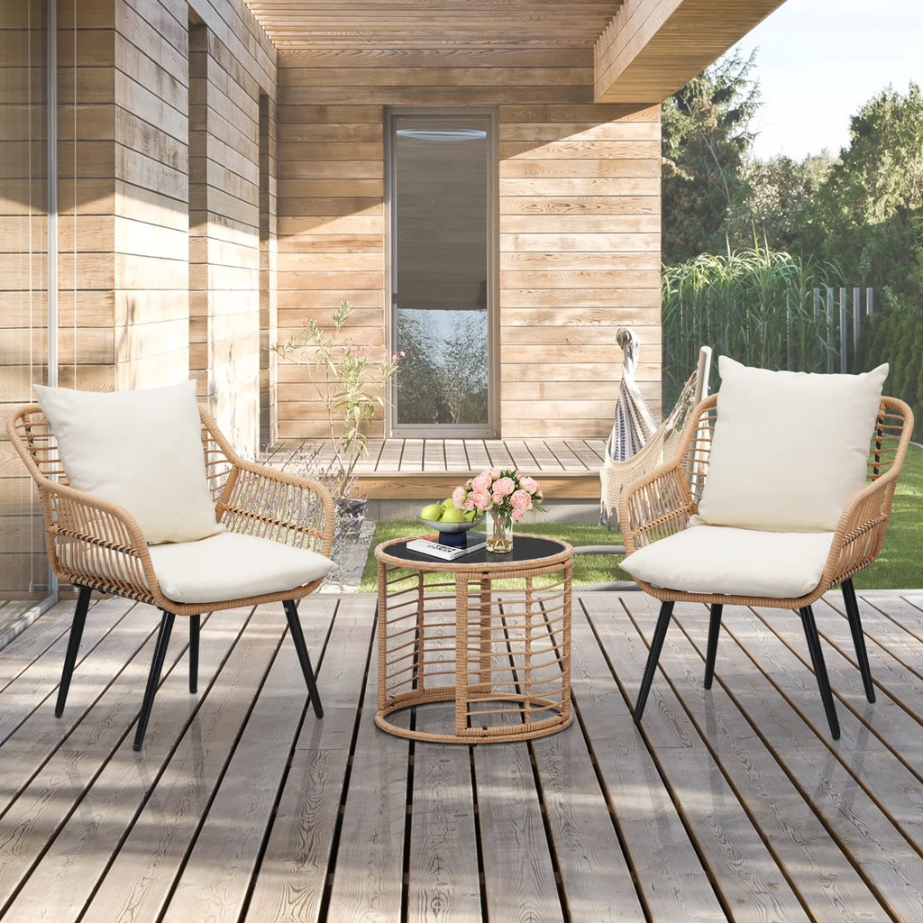 3-Piece Wicker Patio Bistro Set with Glass Top Table & Cushions Z452411