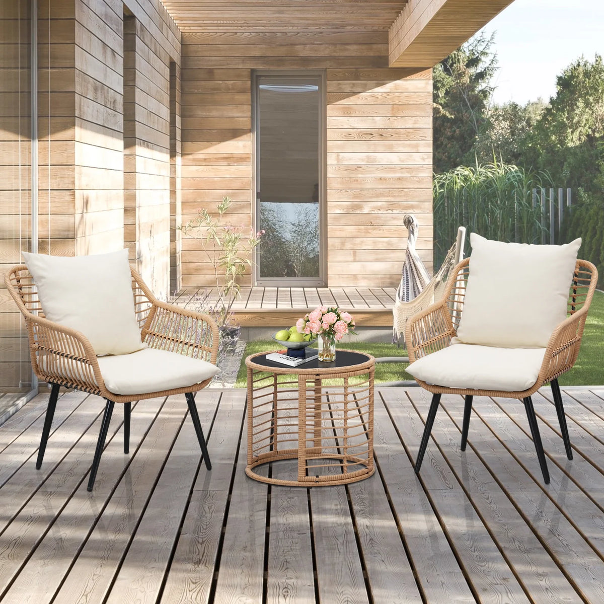 3-Piece Wicker Patio Bistro Set with Glass Top Table & Cushions Z452411