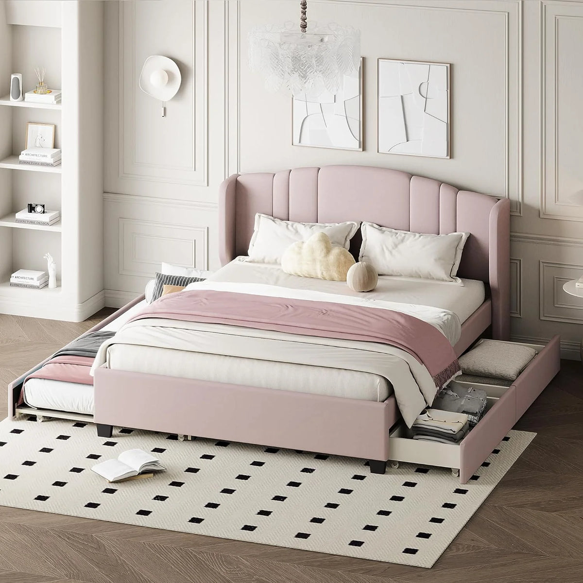 Queen Upholstered Platform Bed with Wingback Headboard and 2 Drawers M560