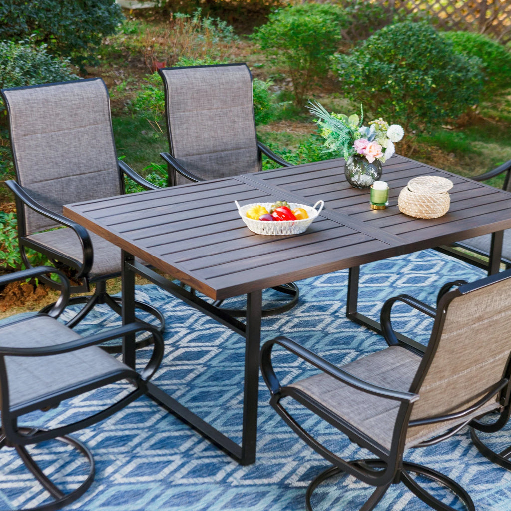 Rectangle Outdoor Dining Table Steel Frame Wood Grain Top 6 Person Black D95727