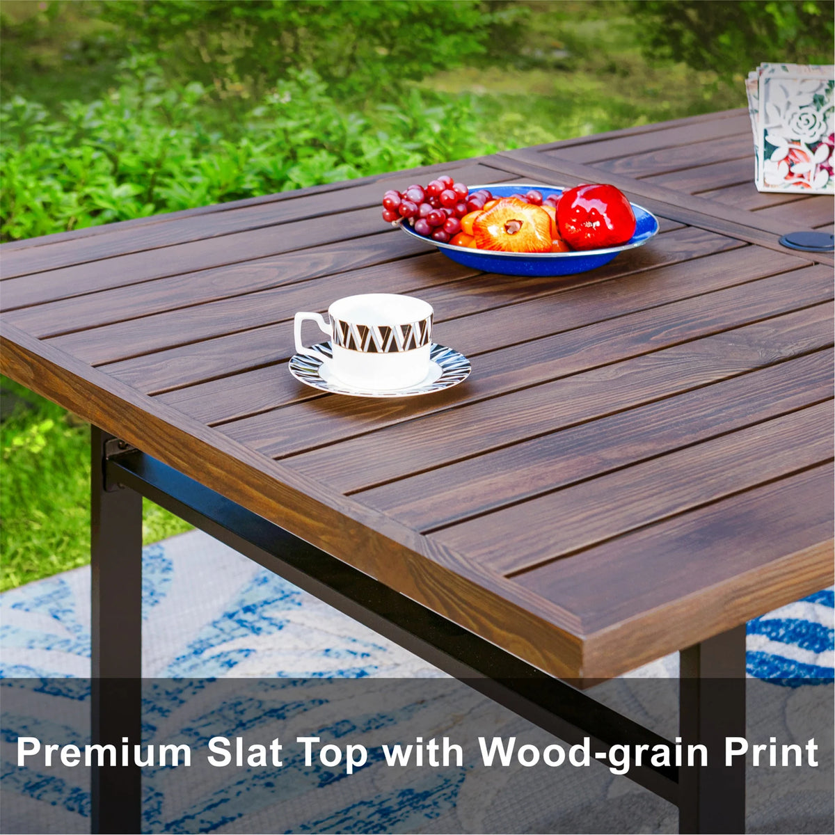 Rectangle Outdoor Dining Table Steel Frame Wood Grain Top 6 Person Black D95727