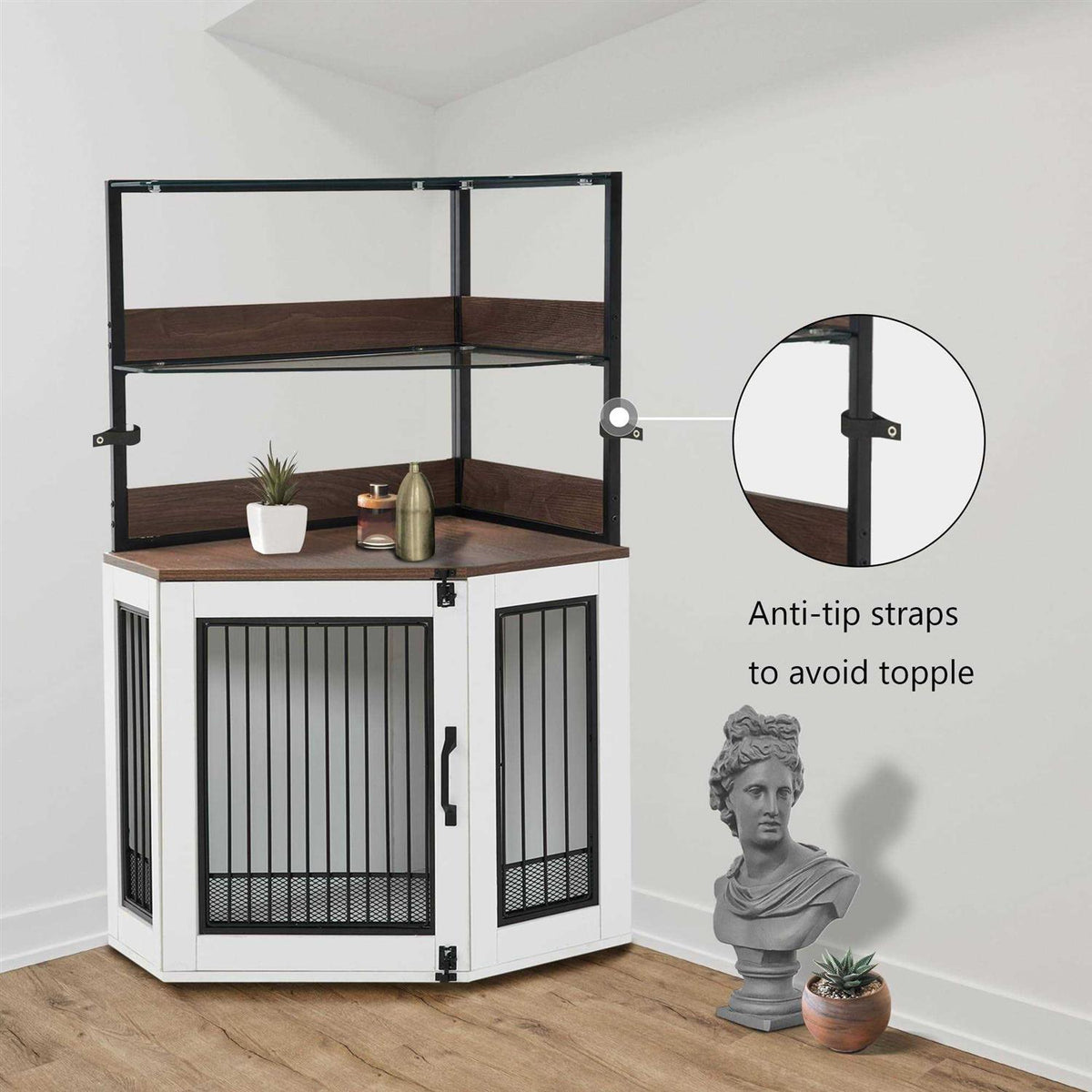 Corner Dog Crate Furniture with Glass Shelves Wooden Dog Kennel with Door Q7767