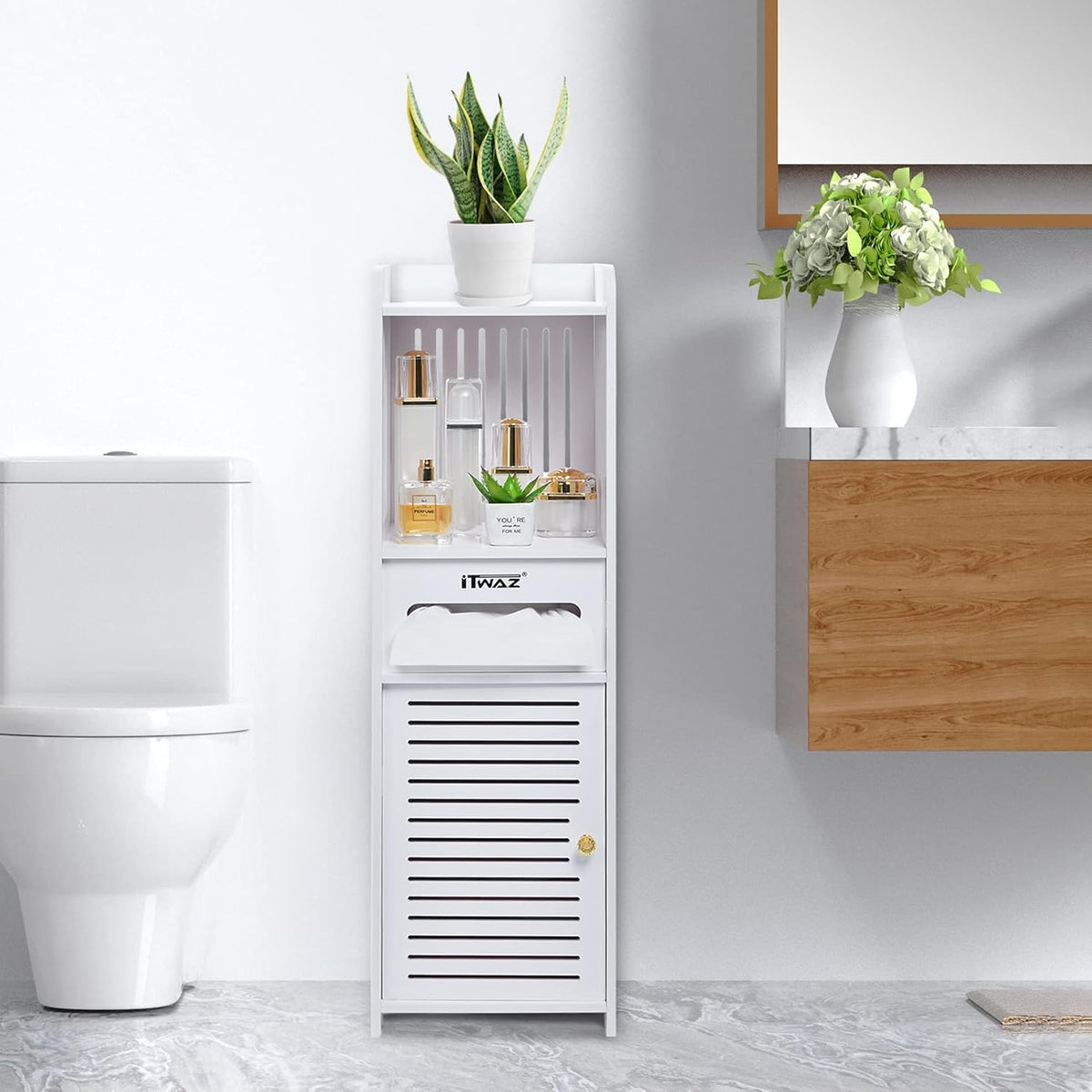 White Free-Standing Bathroom Storage Cabinet with Single Door and 3-Layer Shelves X2564