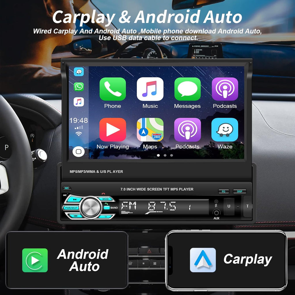 Single Din Car Stereo with Carplay Android Auto 7 Inch Touch Screen M888