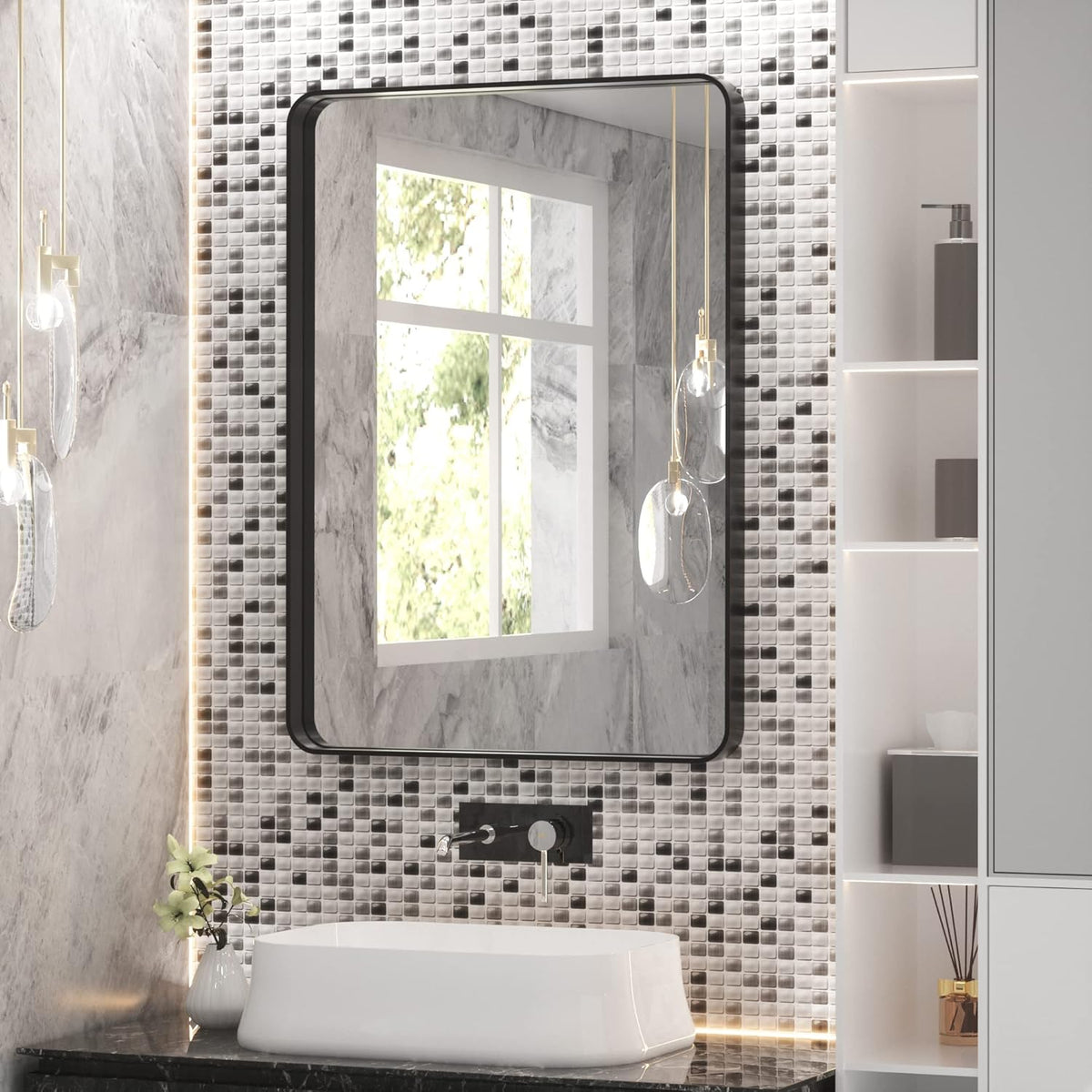 Black 22x30 Inch Brushed Metal Framed Rectangle Wall Mirror T4517