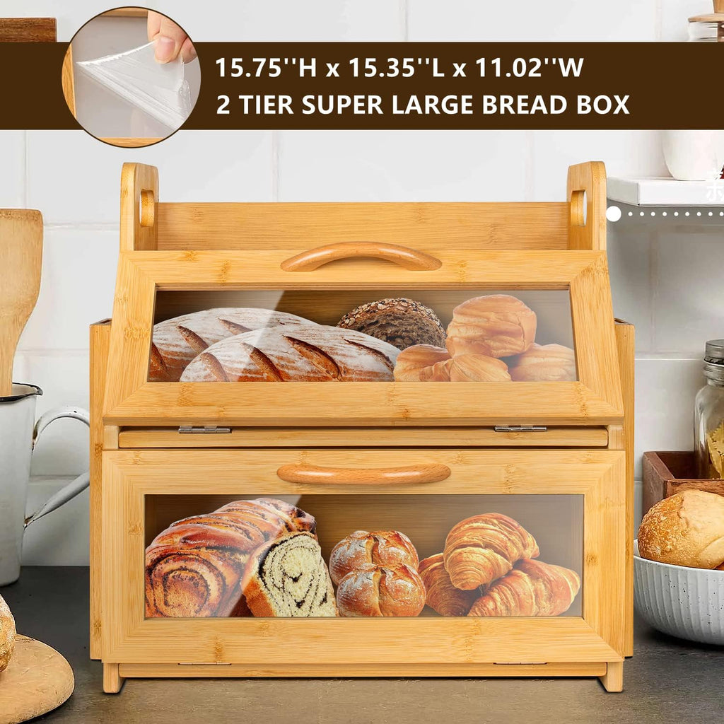 2 Layer Bamboo Wood Bread Box with Tool Holder Blocks and Window L5737