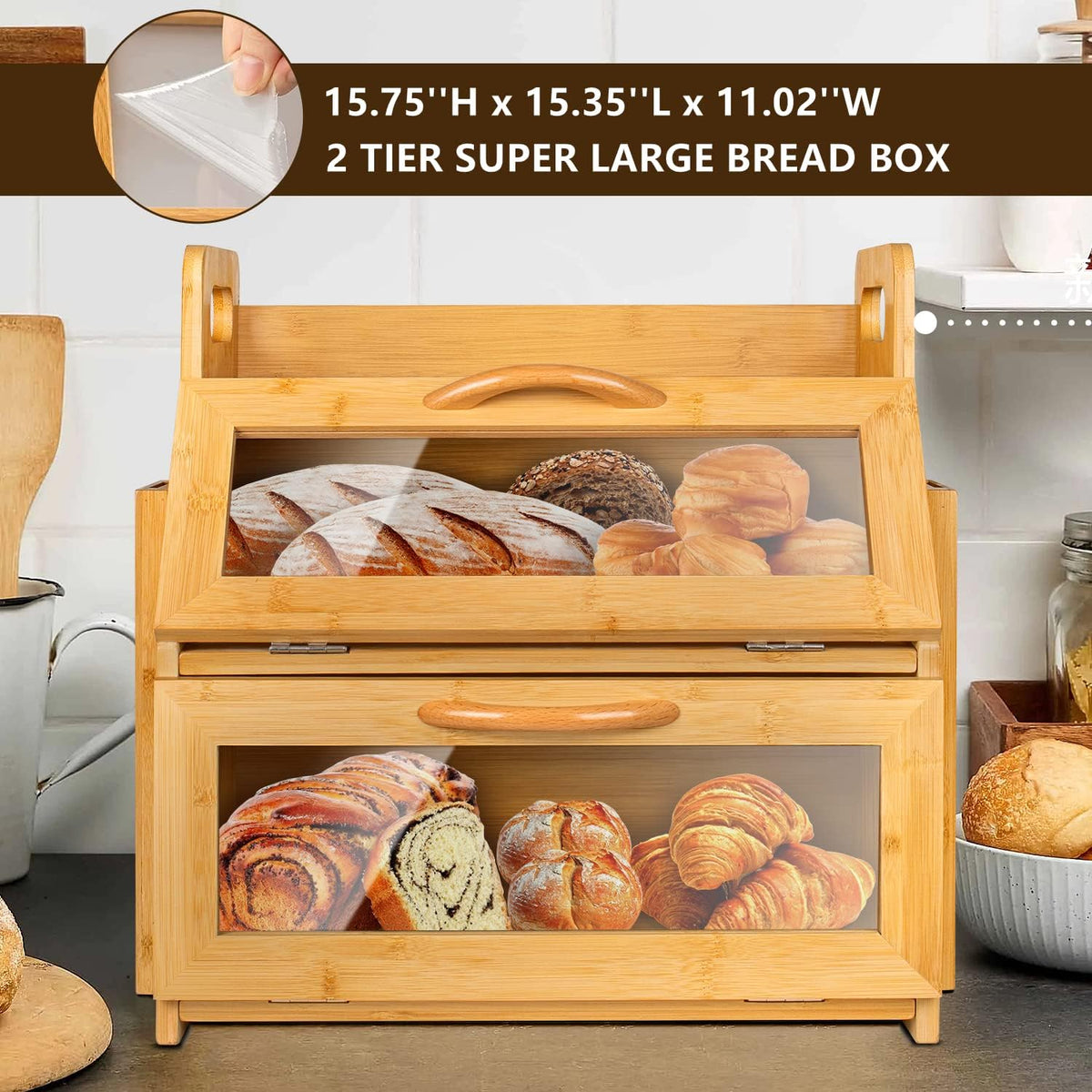 2 Layer Bamboo Wood Bread Box with Tool Holder Blocks and Window L5737