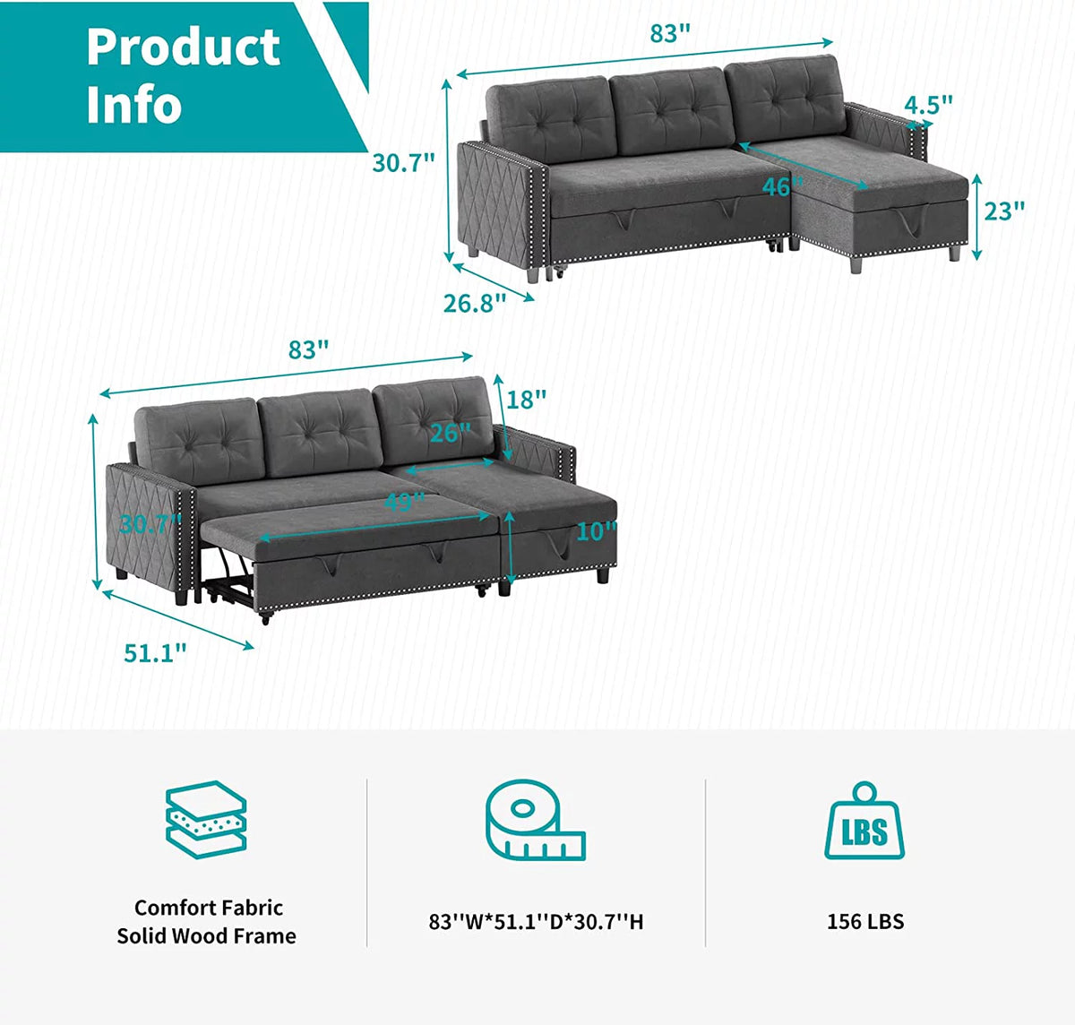 Velvet Reversible Sleeper Sectional Sofa with Storage Chaise T563
