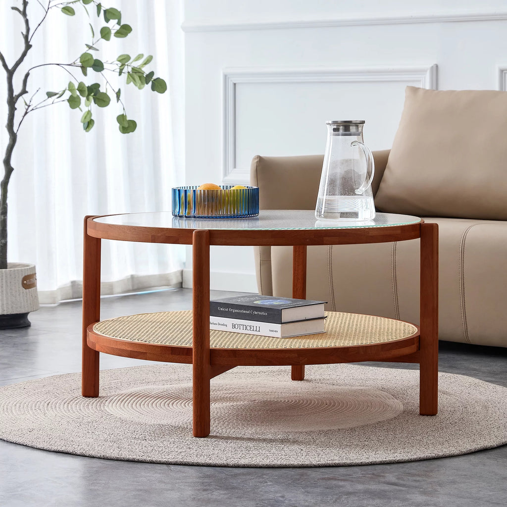 Solid Wood Coffee Table with Glass Top and PE Rattan B5631