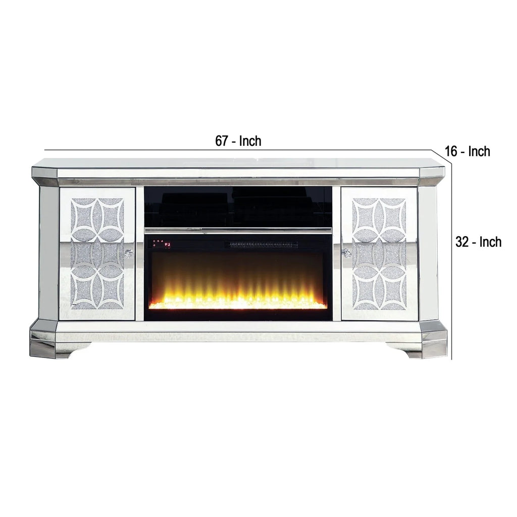 Mirrored TV Stand with Fireplace and 2 Storage Doors E71505