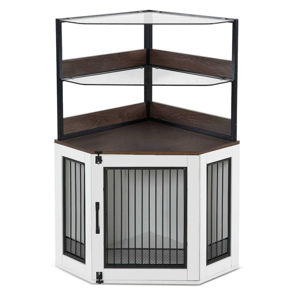 Corner Dog Crate Furniture with Glass Shelves Wooden Dog Kennel with Door Q7767
