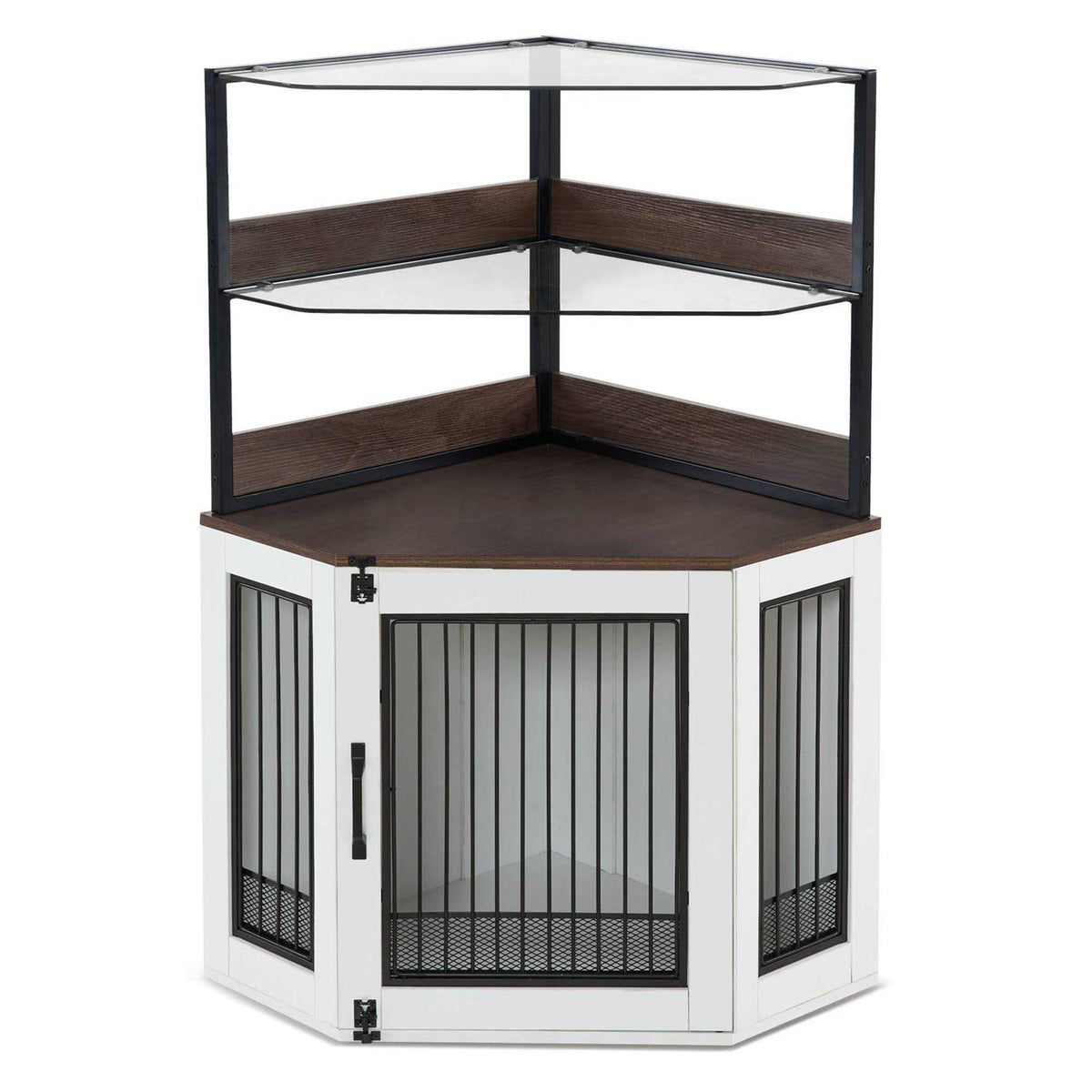Corner Dog Crate Furniture with Glass Shelves Wooden Dog Kennel with Door Q7767