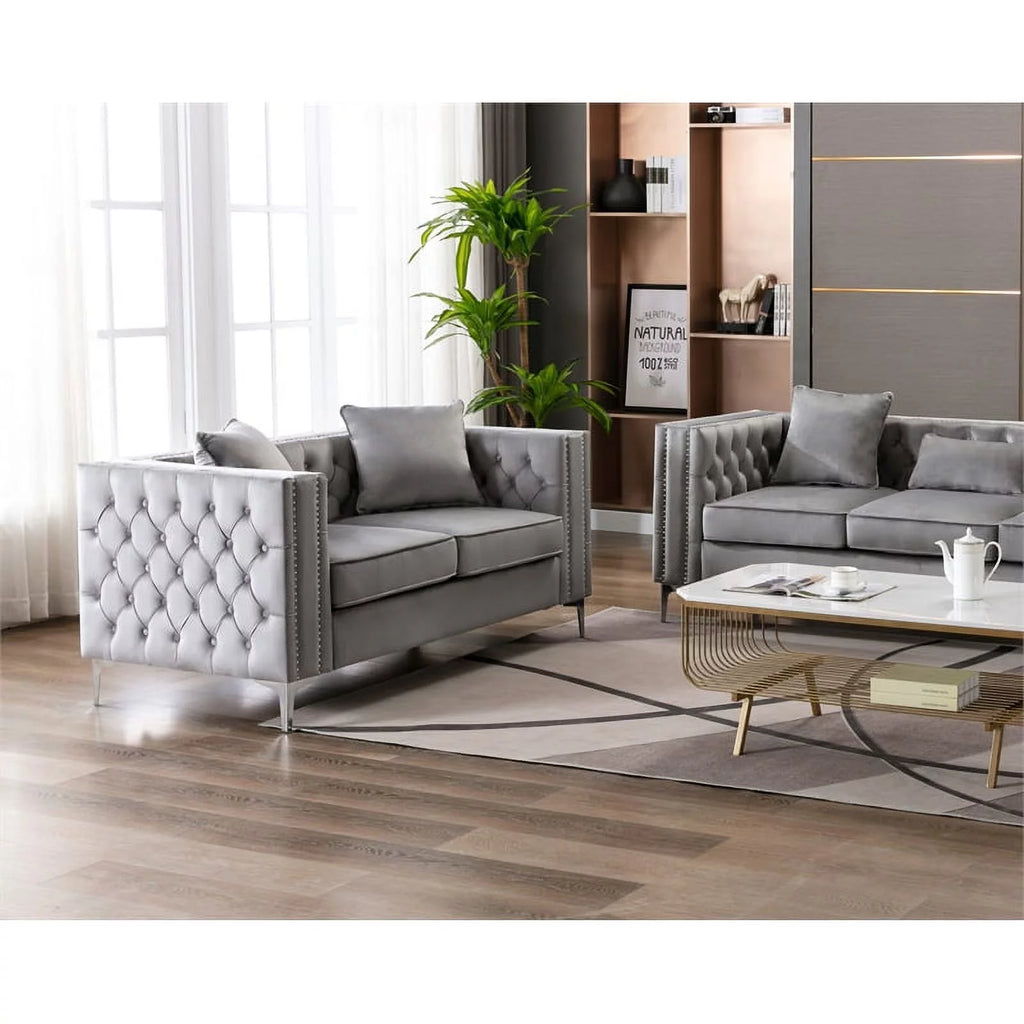 Velvet Sofa Set with Loveseat and Sofa in Gray F968
