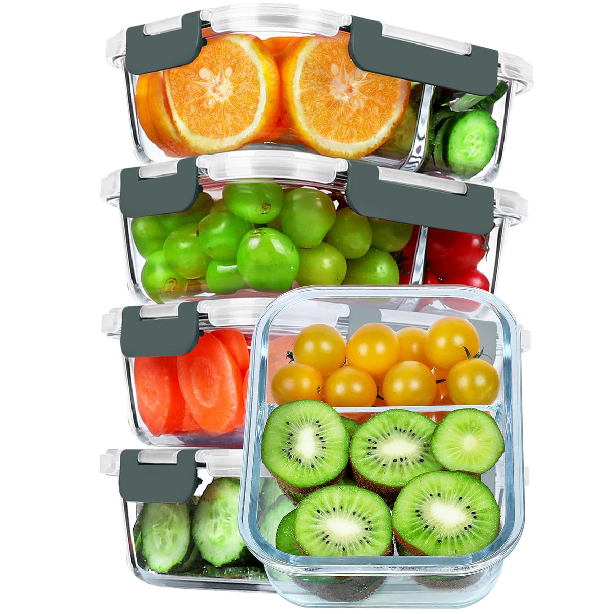 5-Pack 36 Oz 2 Compartments Glass Food Storage Containers with Locking Lids E460609