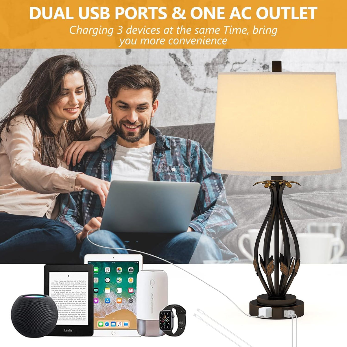 Table Lamp Set of 2, 3 Way Dimmable Touch with Dual USB Ports and AC Outlet P40251