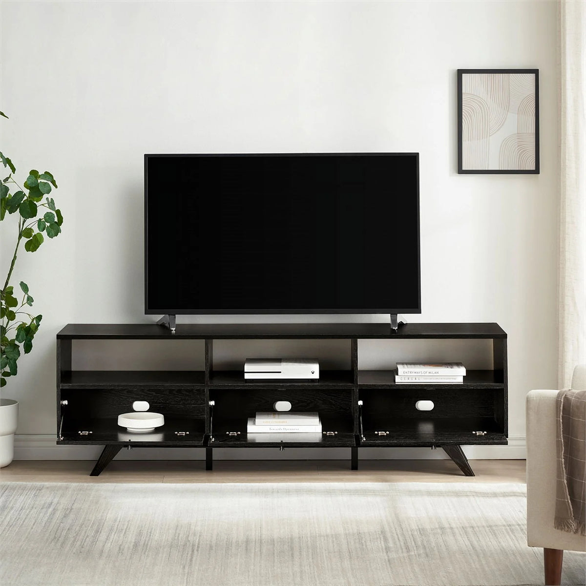 70" Black Wood TV Stand with Storage V814