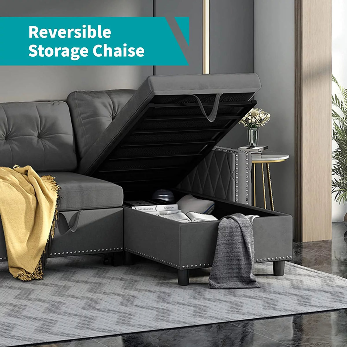 Velvet Reversible Sleeper Sectional Sofa with Storage Chaise T563
