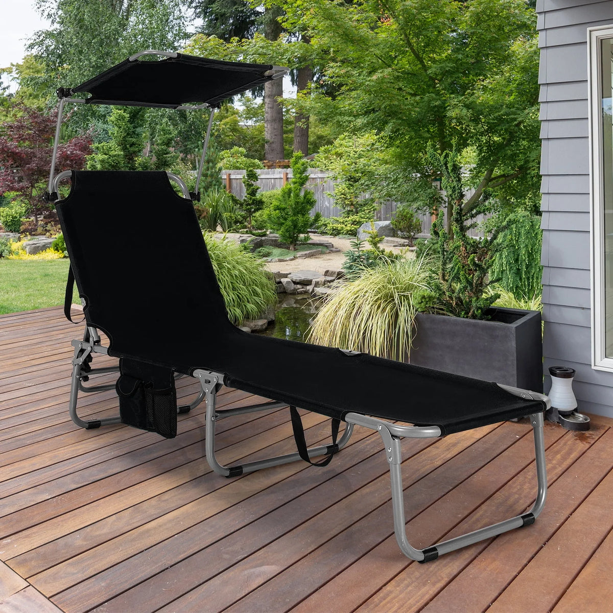Beige Foldable Lounge Chair with Sun Shade H5471