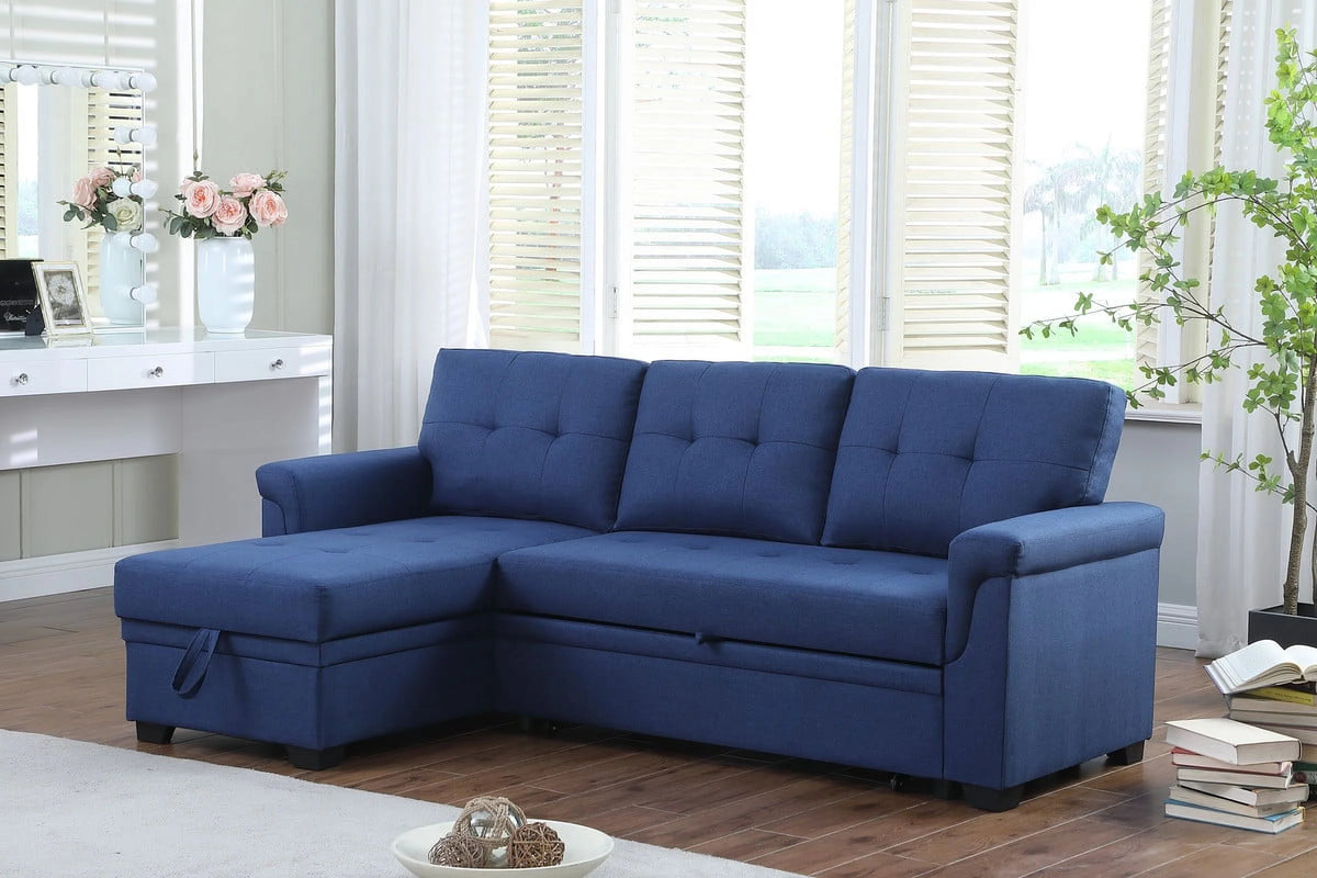 Blue Linen Reversible Sleeper Sectional Sofa with Storage Chaise U815065