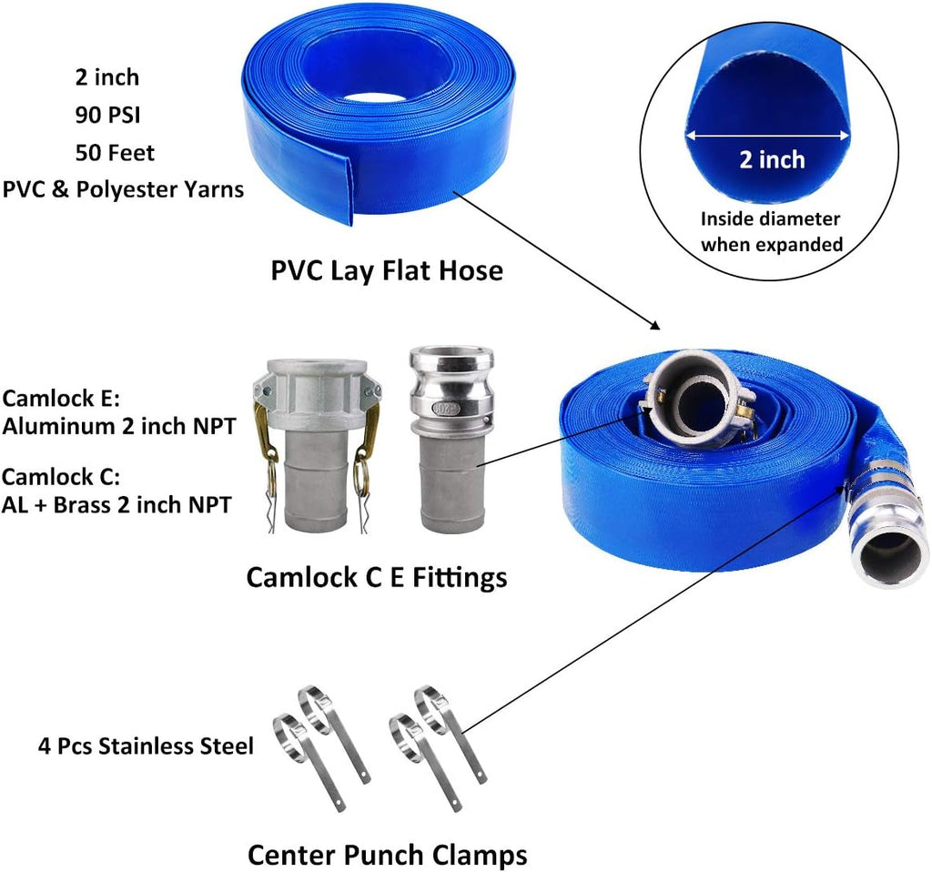 2 x 50' Blue PVC Lay-Flat Discharge Hose with Camlock Fittings F726