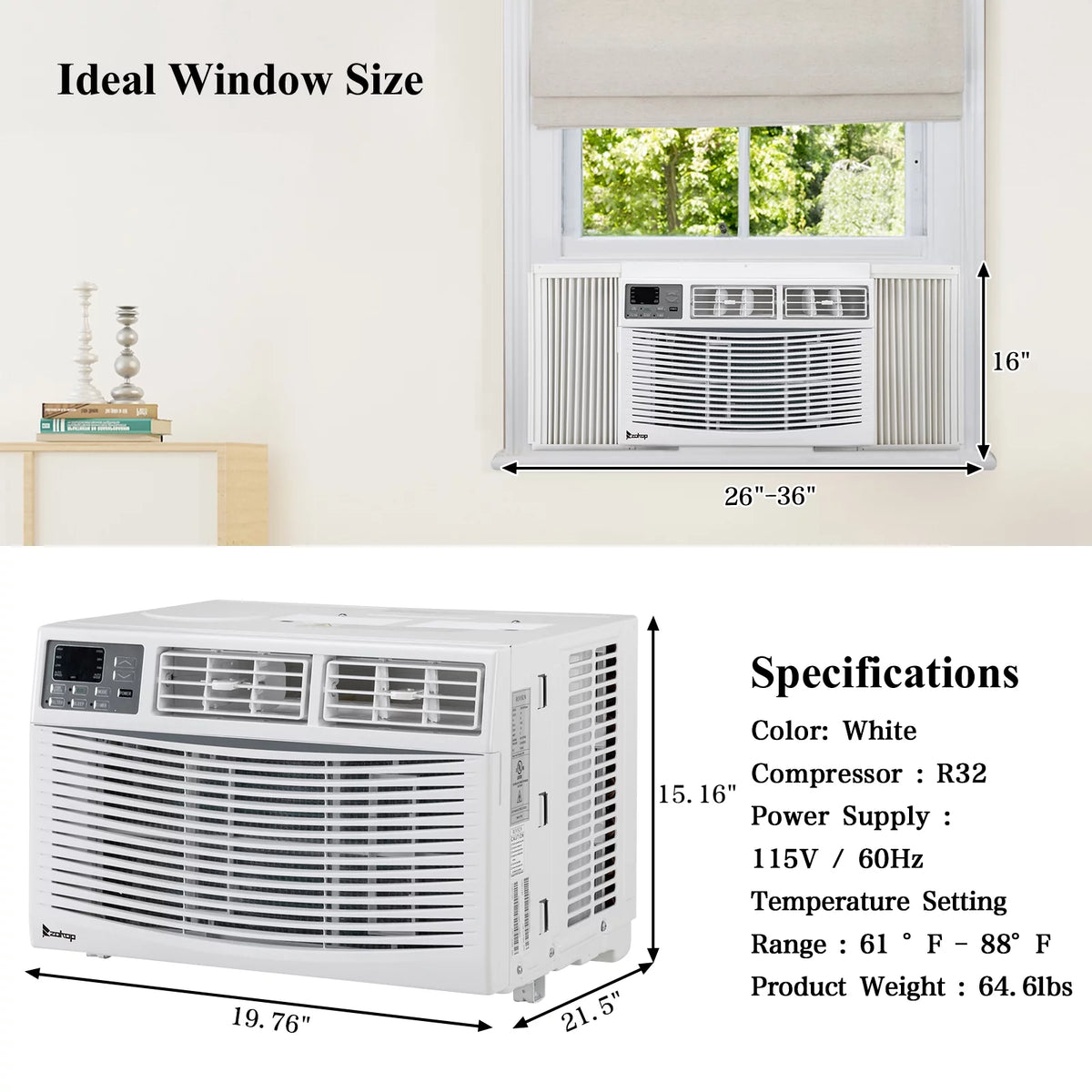 12000BTU 110V Window-Mounted Remote Control Air Conditioner, White Q2098