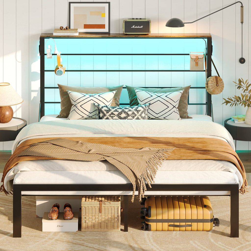 Queen Size Black Metal Platform Bed Frame with Storage Headboard U8625