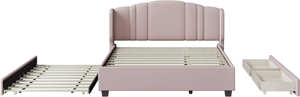 Queen Upholstered Platform Bed with Wingback Headboard and 2 Drawers M560