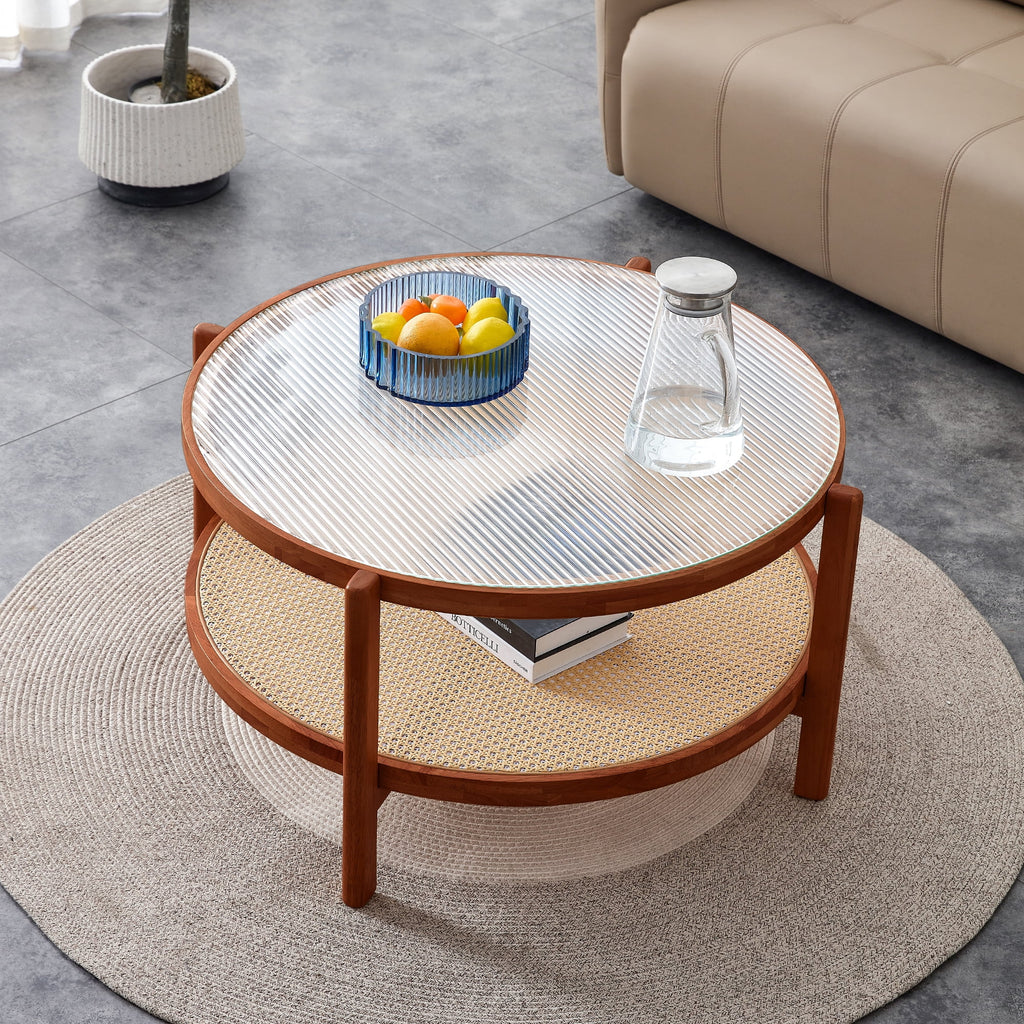 Solid Wood Coffee Table with Glass Top and PE Rattan B5631