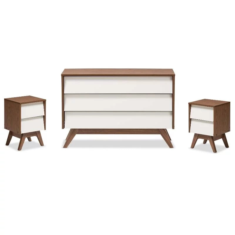 3 Piece Bedroom Set with Chest and 2 Nightstands in White and Walnut L4628