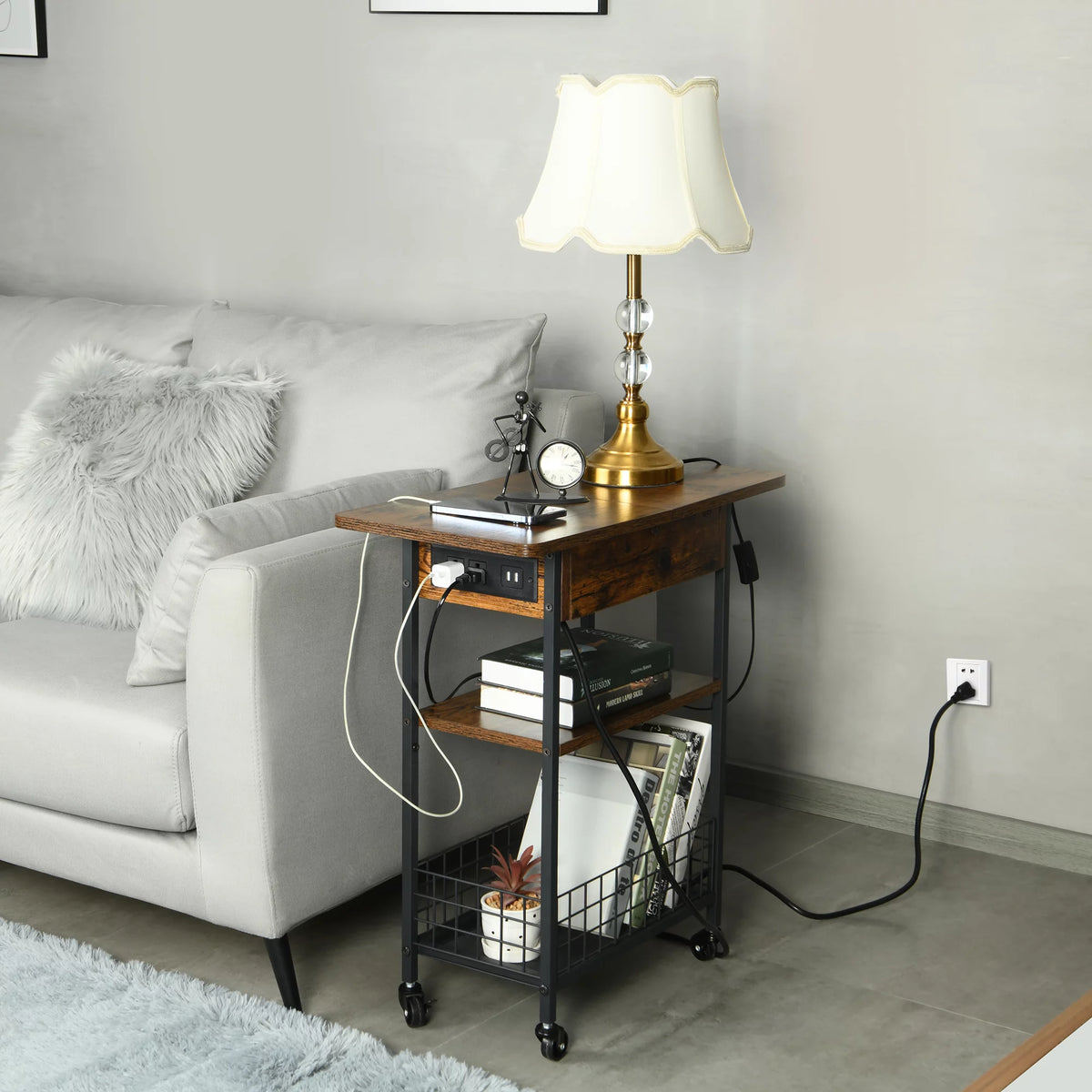 Rustic Brown 2 Pack End Table with Charging Station V152835