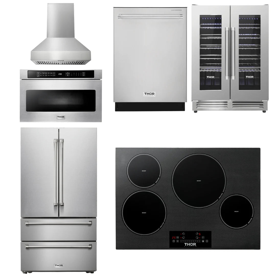 30 Induction Cooktop, Range Hood, Microwave, Refrigerator, Dishwasher, Wine Cooler D838